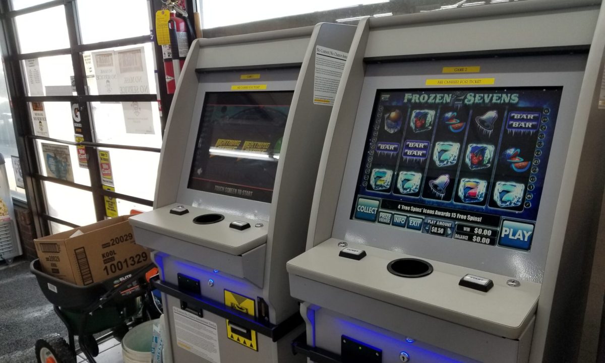 Two "no-chance" gambling machines await customers in 2021 at a Columbia convenience store (Rudi Keller/Missouri Independent).