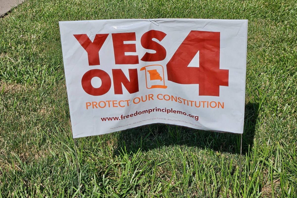 A sign promoting Amendment 4, which would change the way majorities are tallied for constitutional amendments proposed by initiative petition. (Rudi Keller/Missouri Independent).