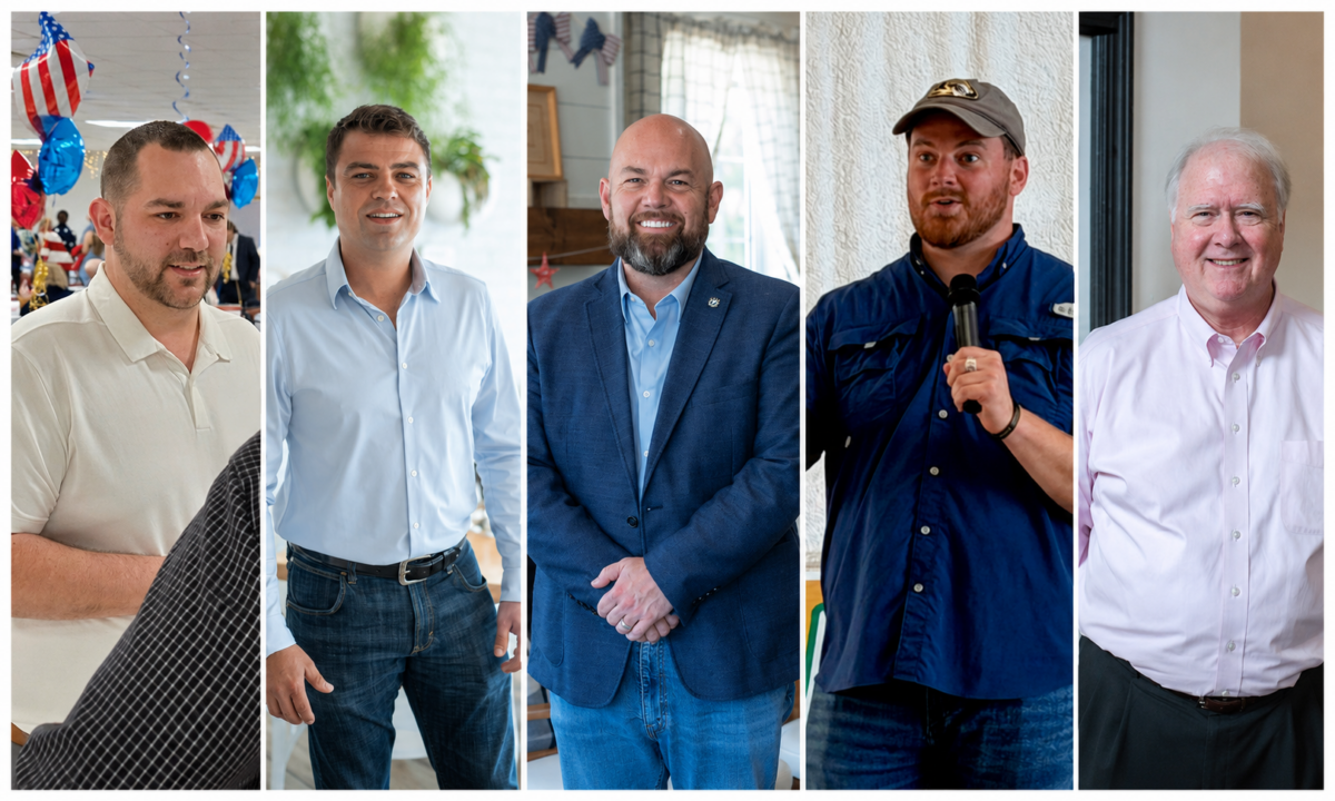The Independent sat down for interviews with all five Republicans running in Missouri's 6th Congressional District, asking questions about agriculture, healthcare and endorsements. Pictured from left are Cody Oshel, Nathanael Schultz, Chris Stigall, Nathan Willett and Jim Ingram (Annelise Hanshaw and Steph Quinn/Missouri Independent)