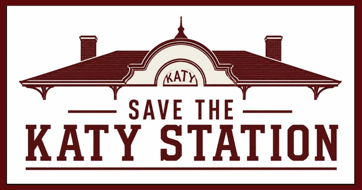 Dark red illustration of the Katy Station depot roofline, with two chimneys and an arched gable lettered KATY, above the words SAVE THE KATY STATION.